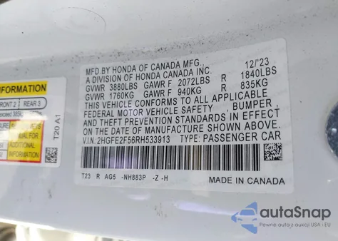 2024 Honda Civic Sport from USA, damaged, VIN 2HGFE2F56RH533913